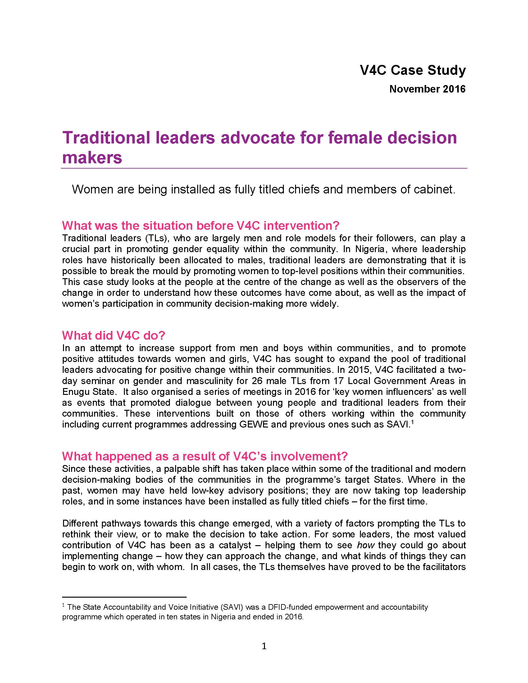V4C Case Study – Traditional leaders advocate for female decision