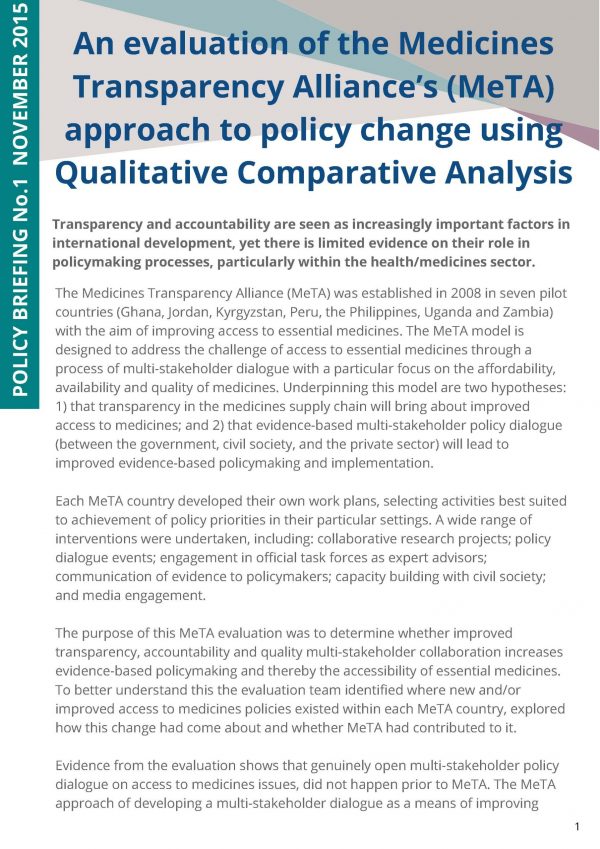 Medicines Transparency Alliance (MeTA), Policy Briefing 1 | Itad