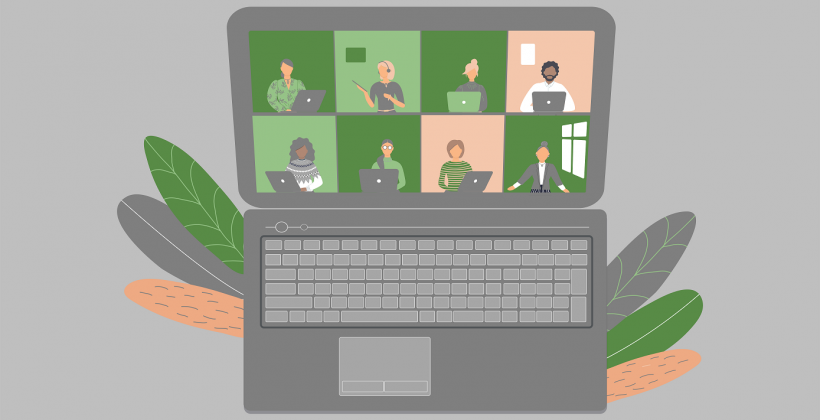 learning event online illustrated by people with laptops on a laptop screen