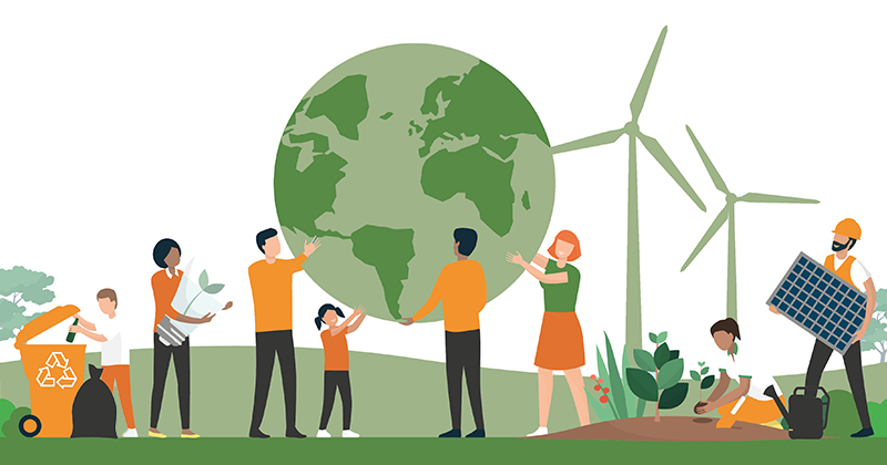 Illustration of people planting trees, recycling, wind turbines. A group is supporting an illustration of the globe.