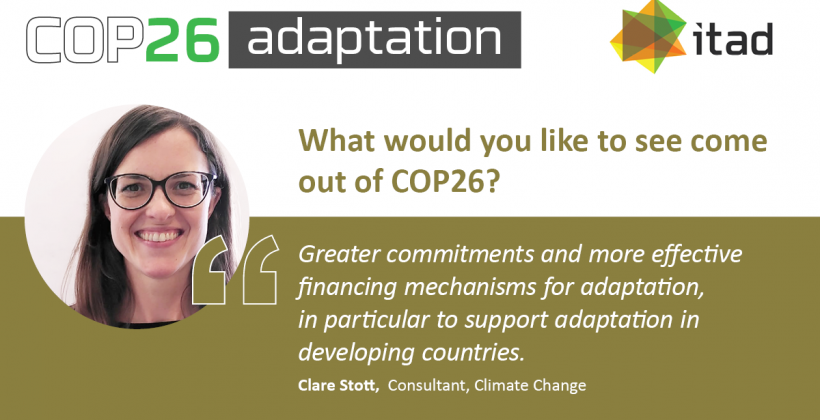 Card reads: What would you like to see come out of COP26 in this topic? Greater commitments and more effective financing mechanisms for adaptation, in particular to support adaptation in developing countries.