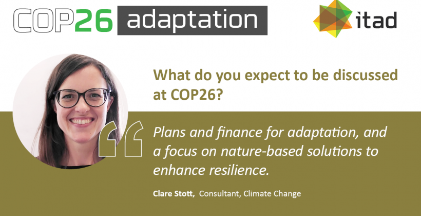 Card reads: What do you expect to be discussed at COP26 about this topic? Plans and finance for adaptation, and a focus on nature-based solutions to enhance resilience.