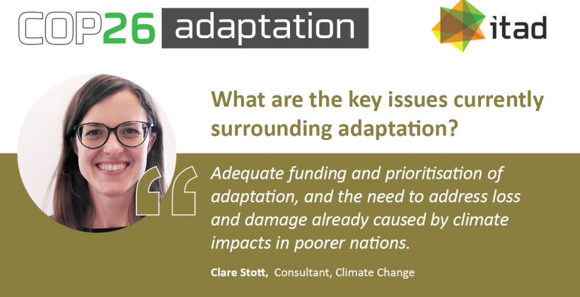 Card reads: What are the key issues currently surrounding this topic? Adequate funding and prioritisation of adaptation, and the need to address loss and damage already caused by climate impacts in poorer nations