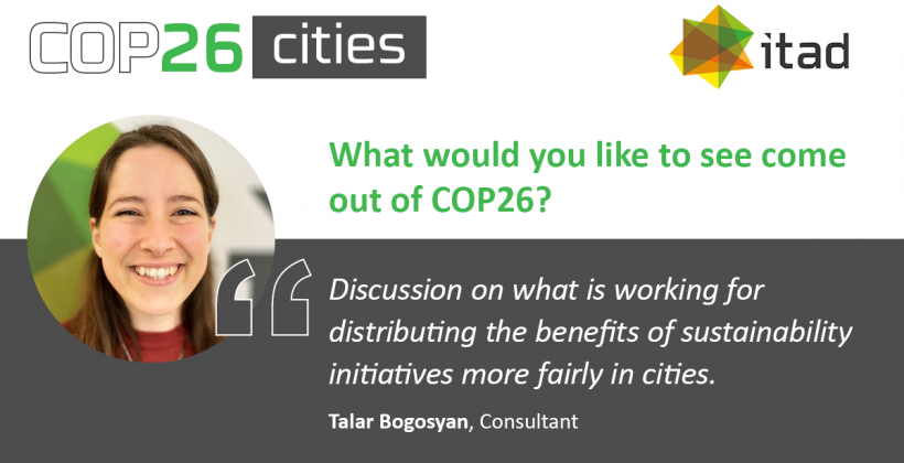 Card reads: What would you like to see come out of COP26 in this topic? Discussion on what is working for distributing the benefits of sustainability initiatives more fairly in cities.