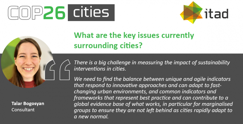 Card reads: What are the key issues currently surrounding this topic? There is a big challenge in measuring the impact of sustainability interventions in cities. We need to find the balance between unique and agile indicators that respond to innovative approaches and can adapt to fast-changing urban environments, and common indicators and frameworks that represent best practice and can contribute to a global evidence base of what works, in particular for marginalised groups to ensure they are not left behind as cities rapidly adapt to a new normal.