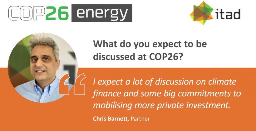 Card reading: What do you expect to be discussed at COP26? 'I expect a lot of discussion on climate finance and some big commitments to mobilising more private investment' - Christ Barnett, Partner